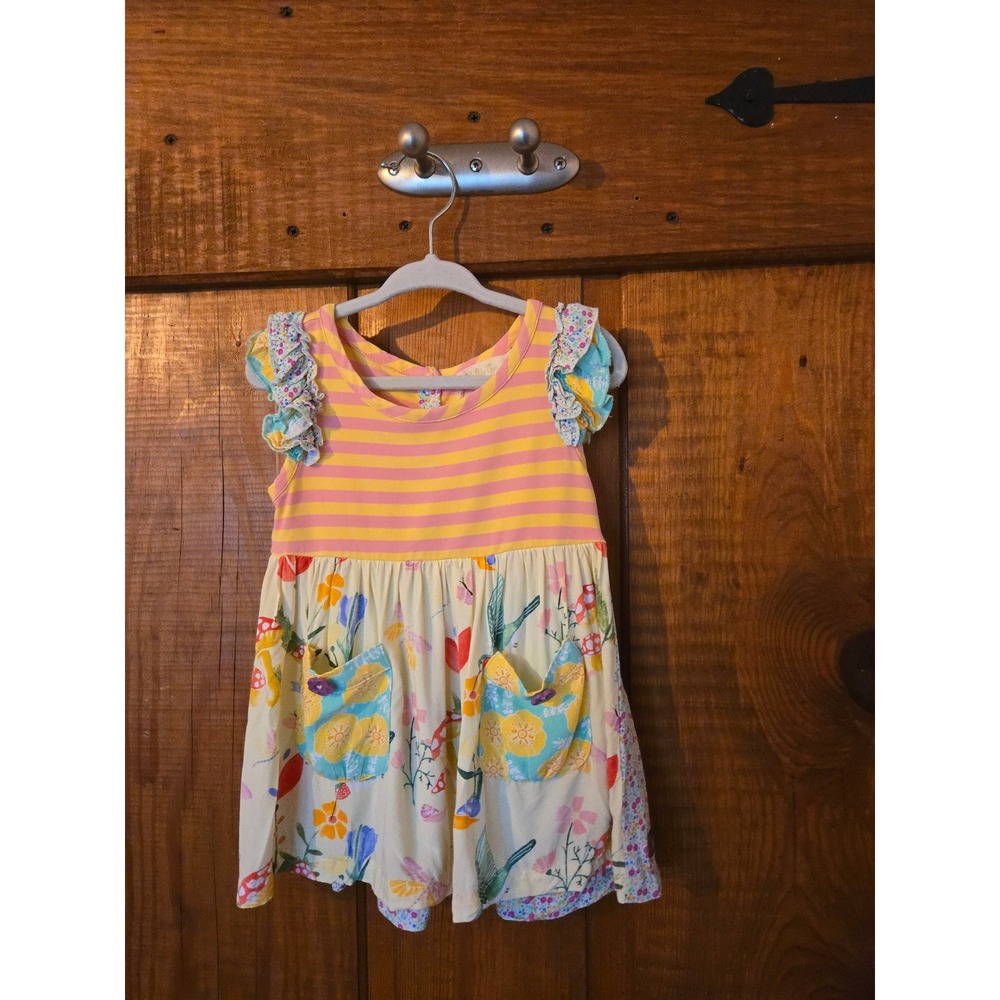 MATILDA JANE Girls Striped Floral Bird Ruffle Dress Pink Yellow Size 2